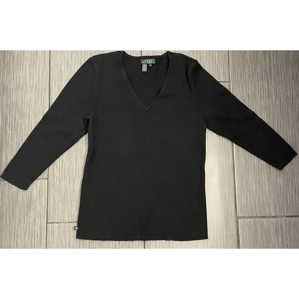 Lauren Ralph Lauren Women’s Black V-Neck Ribbed Sweater Size XL Cotton Blend